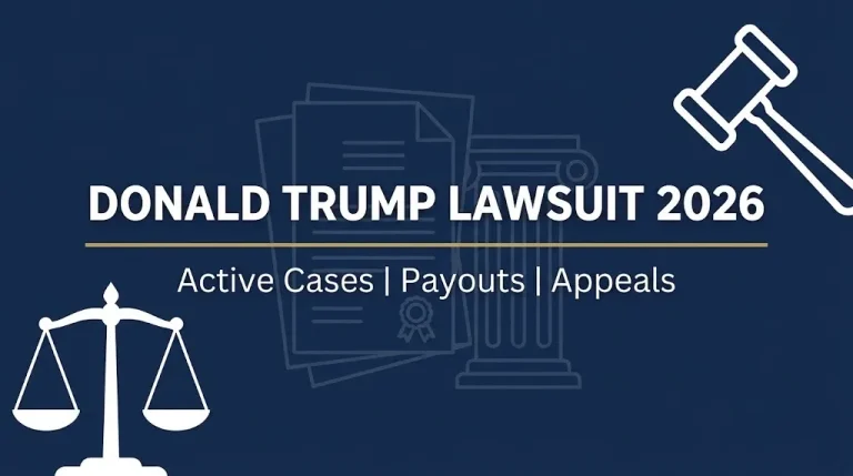 Donald Trump lawsuit 2026 hero banner with gavel, scales, and active cases reference