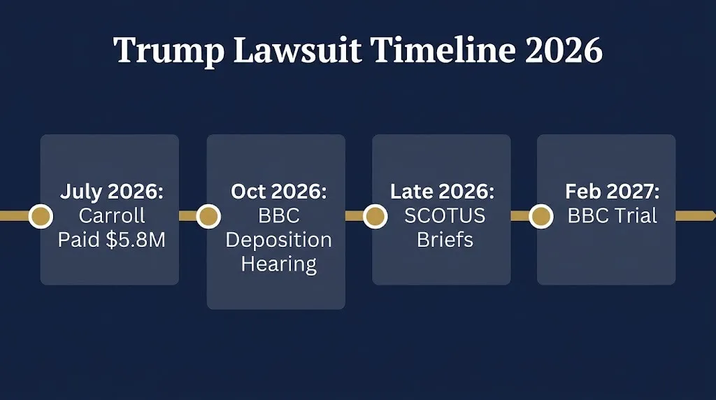 Donald Trump lawsuit timeline 2026 infographic with key court dates and Carroll payment milestone