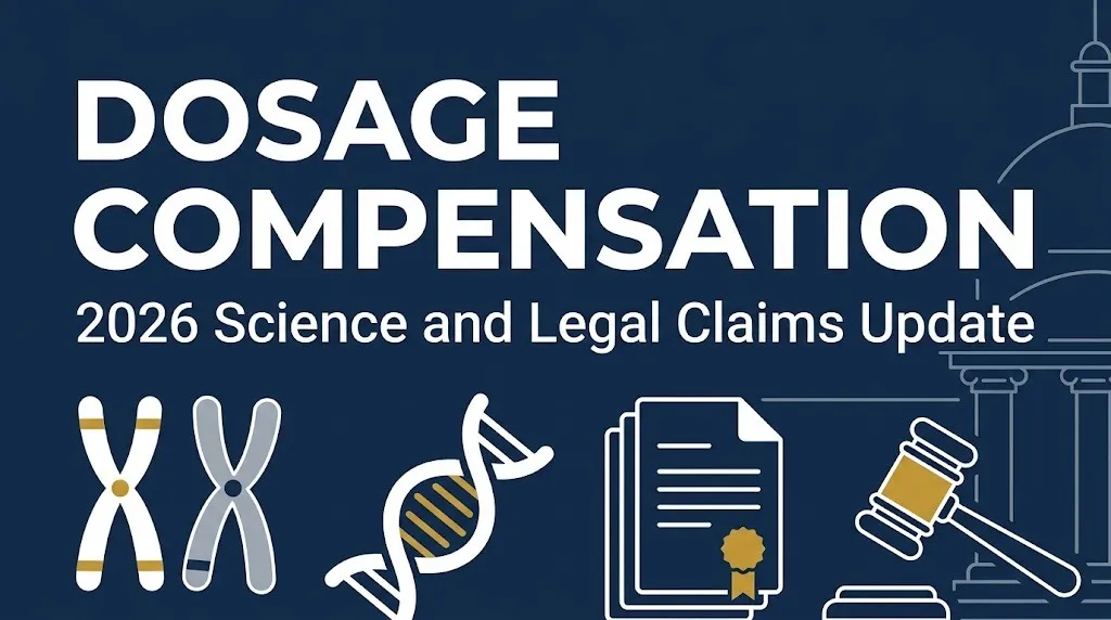 Dosage compensation 2026 hero banner showing X chromosome science and legal claims overview