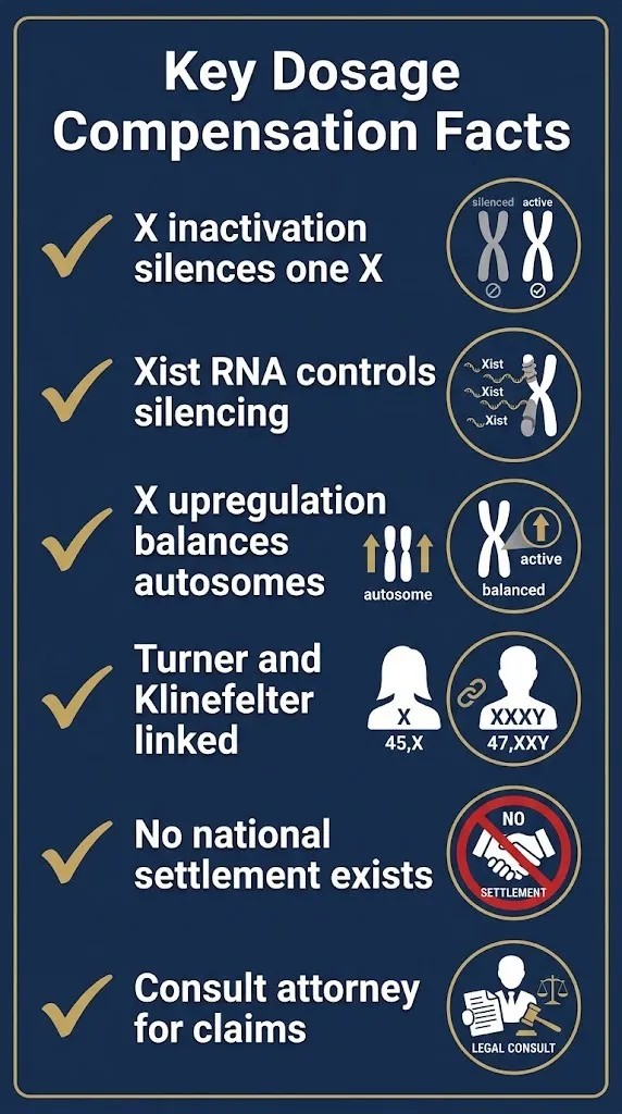 Dosage compensation key facts checklist for 2026 showing X inactivation and legal claim status
