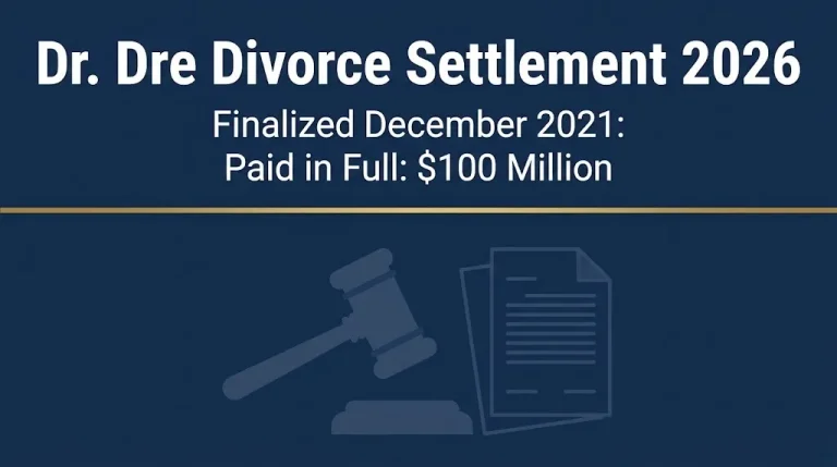 Dr. Dre divorce settlement 2026 banner showing $100 million finalized payout status.