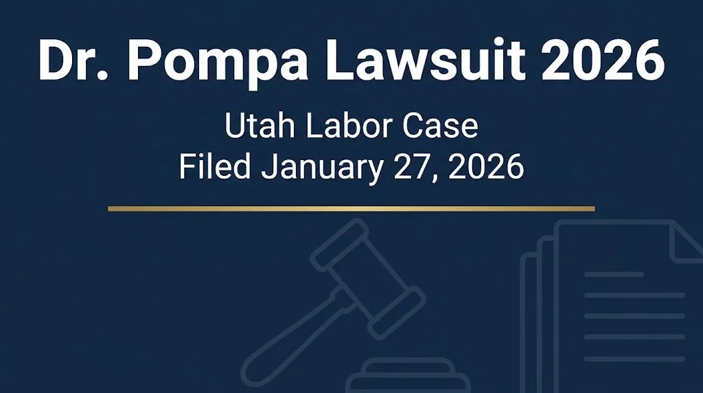 Dr. Pompa lawsuit 2026 banner showing Utah labor case filed January 27, 2026.
