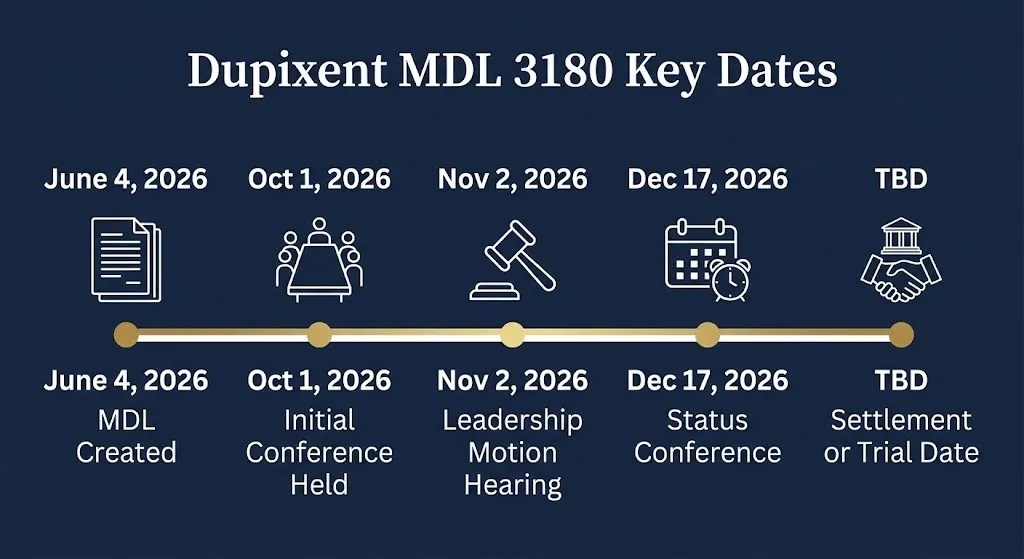 Dupixent MDL 3180 timeline showing key dates from June 2026 through December 2026 status conference.
