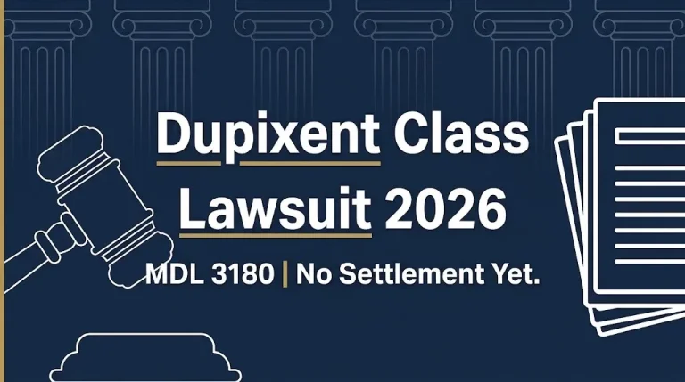 Dupixent class action lawsuit 2026 banner showing MDL 3180 and no settlement yet.