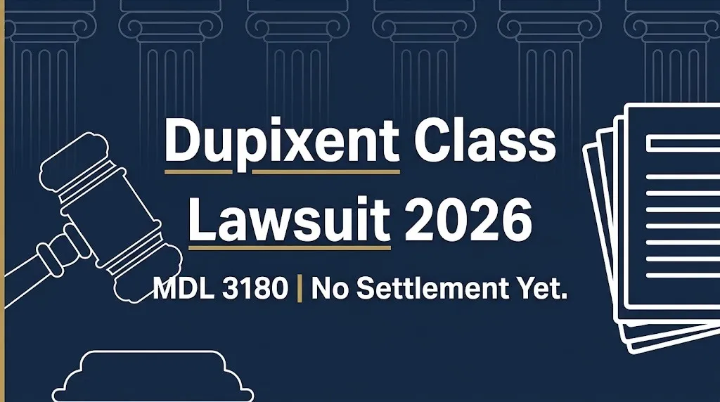 Dupixent class action lawsuit 2026 banner showing MDL 3180 and no settlement yet.