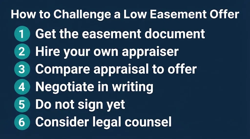 Easement compensation challenge steps graphic showing six numbered actions from getting documents to hiring counsel.
