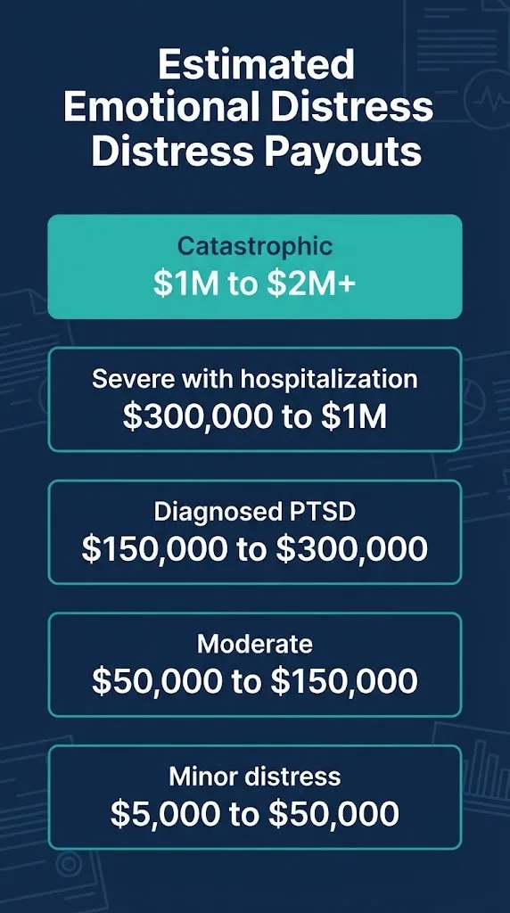 Emotional distress settlement payout tier graphic showing 2026 ranges from $5,000 to over $2 million.