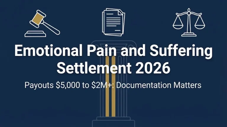 Emotional pain and suffering settlement 2026 banner with payout range and legal documentation theme.