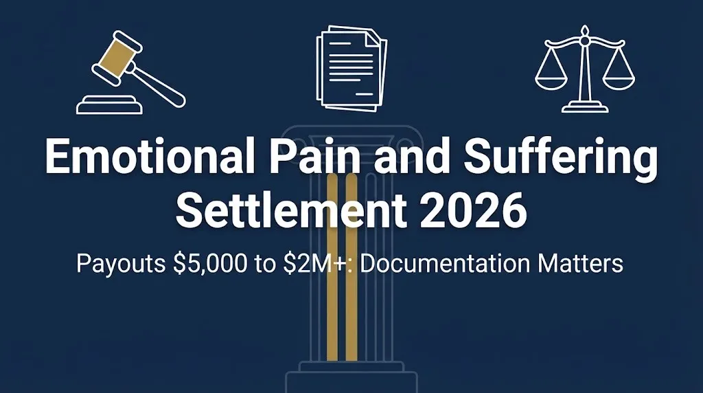 Emotional pain and suffering settlement 2026 banner with payout range and legal documentation theme.