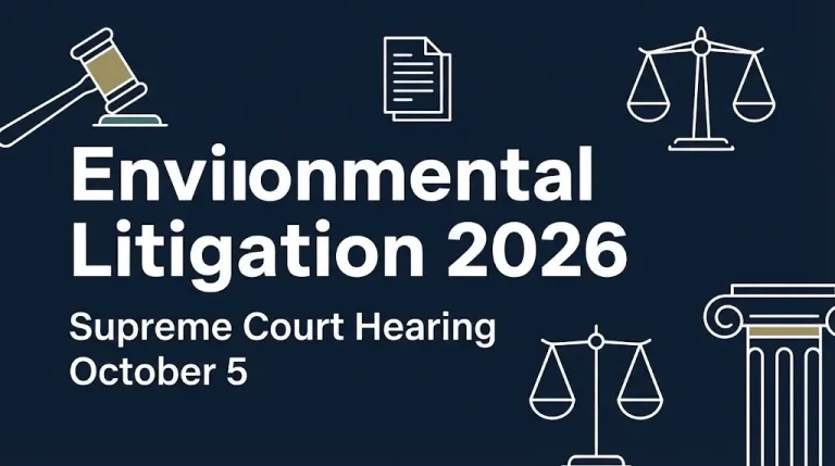 Environmental Litigation 2026 hero banner with Supreme Court hearing date and legal symbolism in navy and white design.