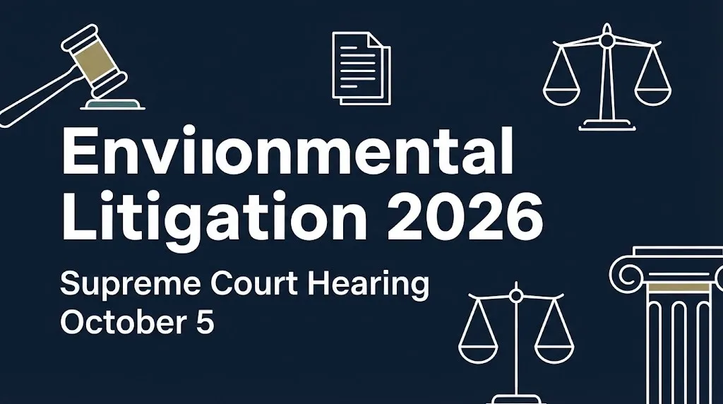 Environmental Litigation 2026 hero banner with Supreme Court hearing date and legal symbolism in navy and white design.