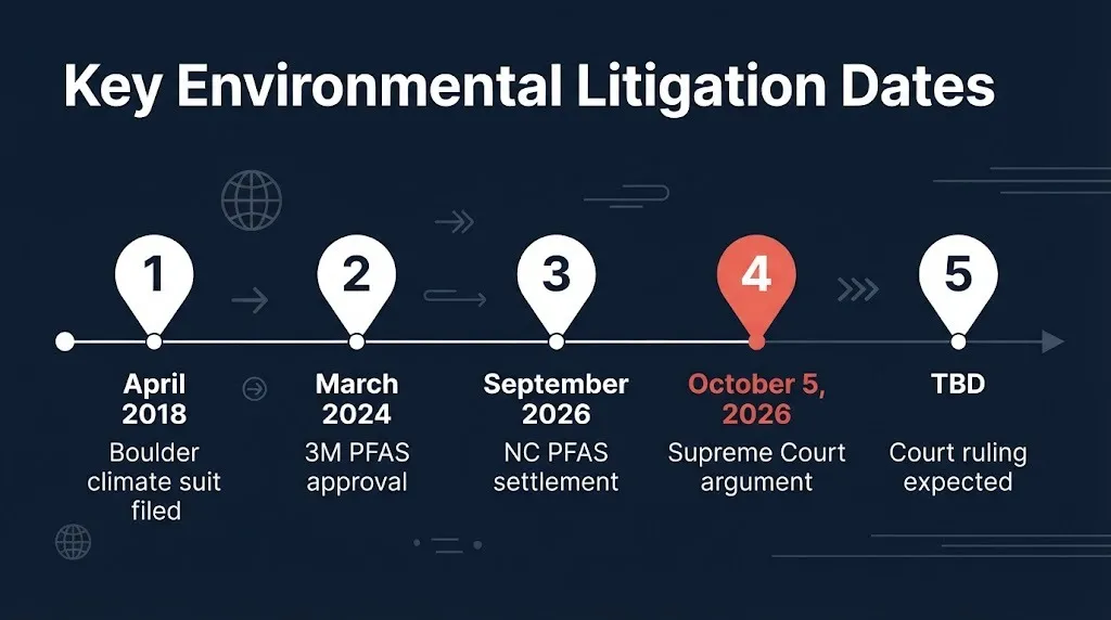 Environmental litigation timeline graphic showing key 2026 dates from Boulder lawsuit filing to Supreme Court argument.