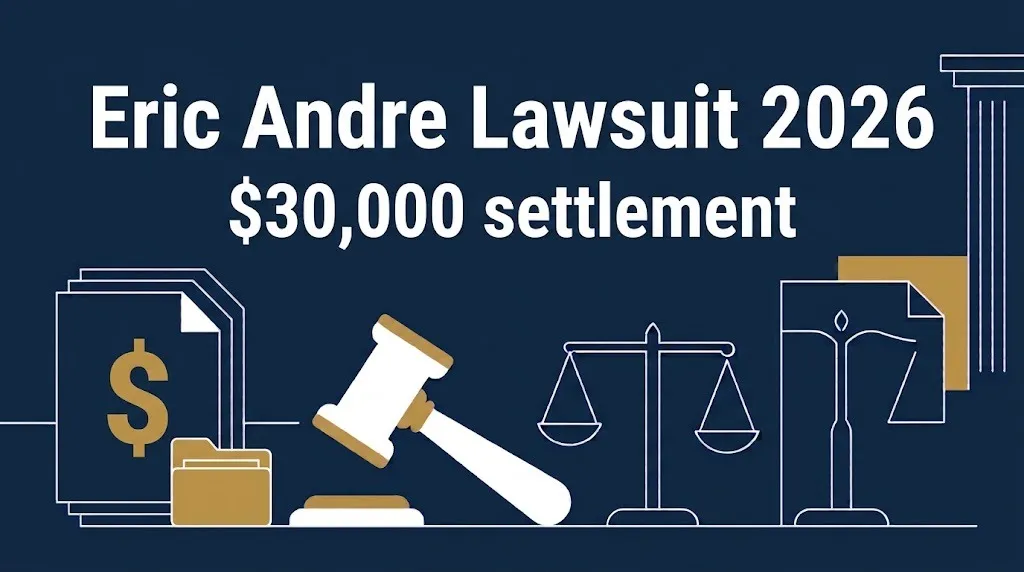 Eric Andre lawsuit 2026 banner showing the $30,000 settlement amount.