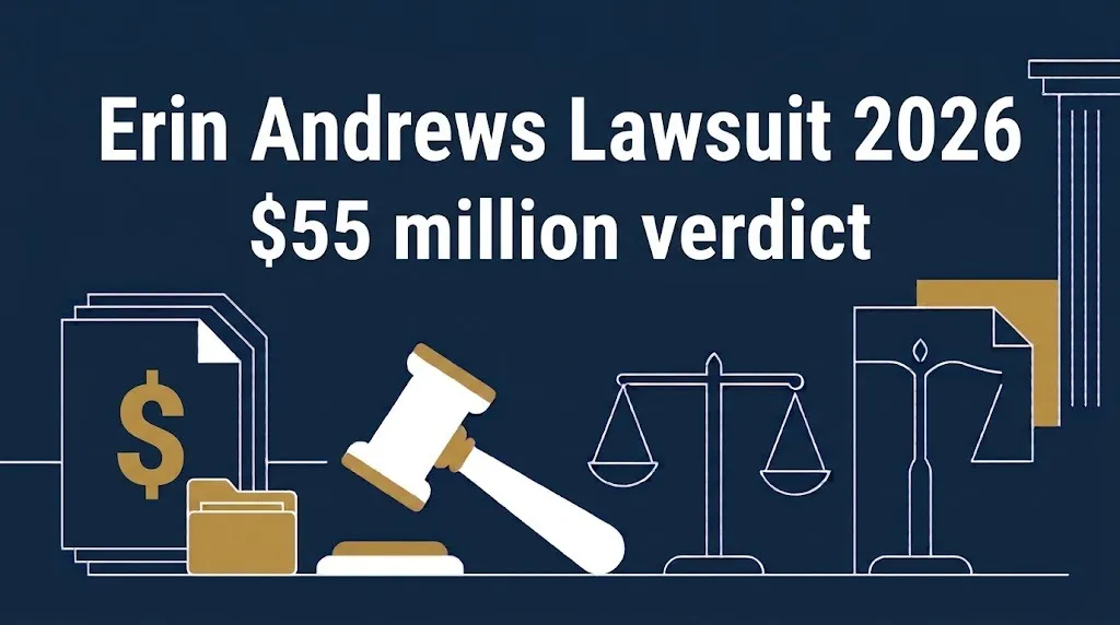 Erin Andrews lawsuit 2026 banner showing the $55 million jury verdict.