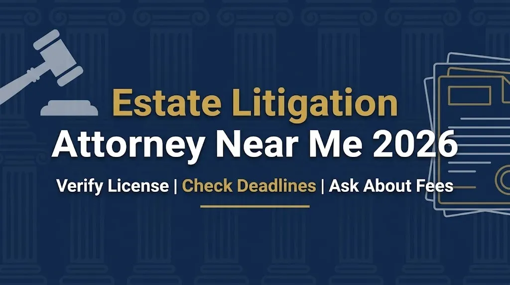 Estate litigation attorney near me 2026 banner with license verification and fee checklist.