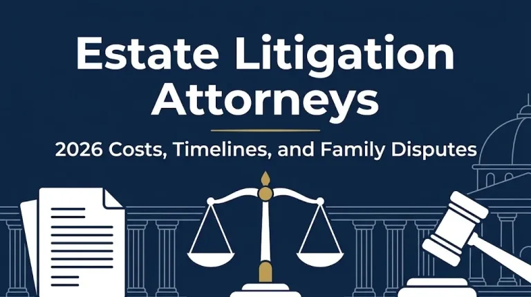 Estate litigation attorneys 2026 hero banner showing costs, timelines, and family probate disputes