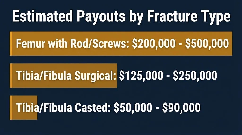 Estimated payout tiers for broken leg settlements showing surgical femur, tibia, and casted fracture ranges.