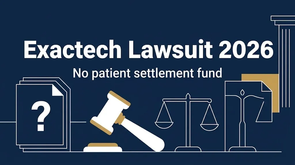 Exactech lawsuit 2026 banner stating no patient settlement fund exists.