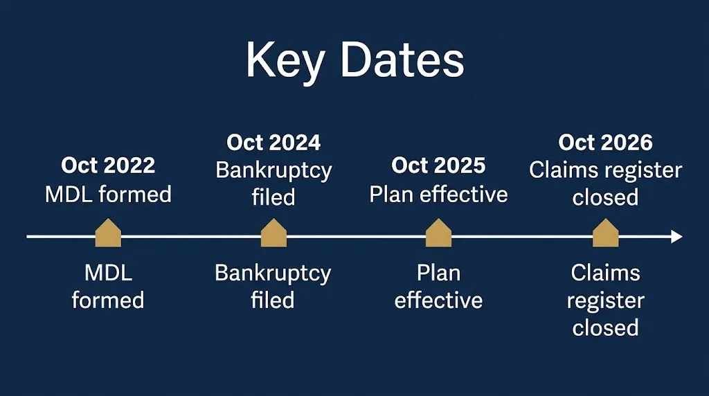 Exactech lawsuit timeline MDL formed 2022, bankruptcy 2024, plan effective 2025, claims closed 2026.