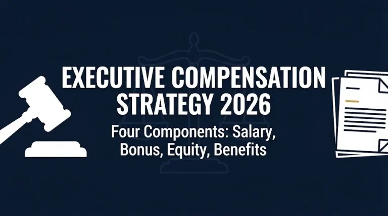 Executive compensation strategy 2026 guide showing four main components infographic banner