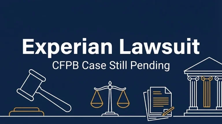 Experian lawsuit banner with gavel and scales noting the CFPB case is still pending in 2026
