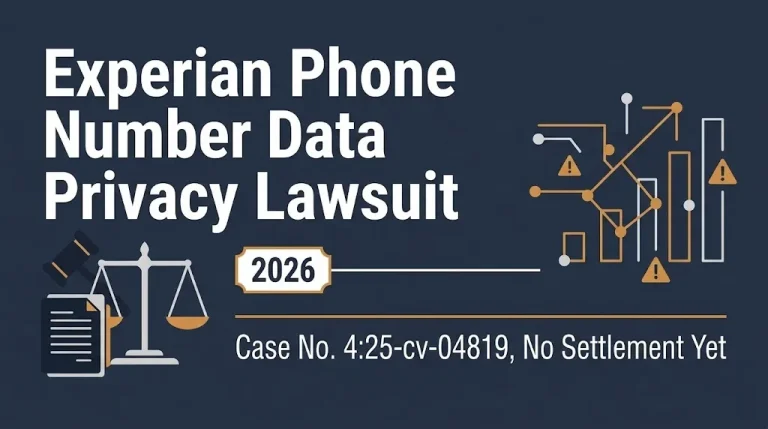 Experian phone number data privacy lawsuit 2026 banner showing case number and no settlement yet.