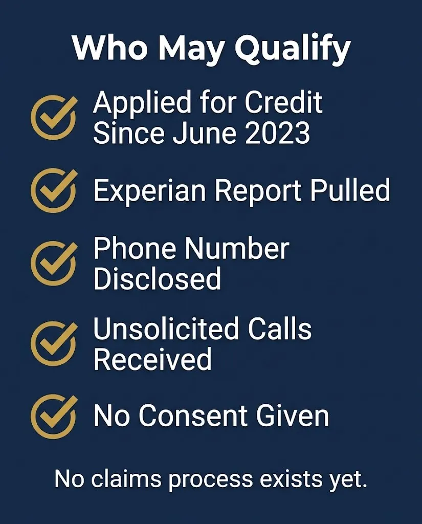 Experian phone number lawsuit eligibility checklist showing credit application and unsolicited call criteria.