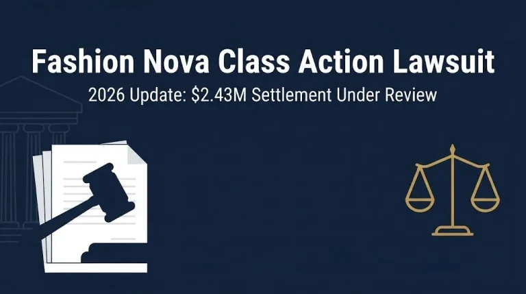 Fashion Nova class action lawsuit 2026 banner with gavel icon and settlement amount.