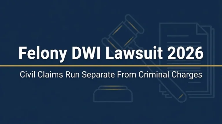 Felony DWI lawsuit 2026 banner showing civil claims separate from criminal charges.
