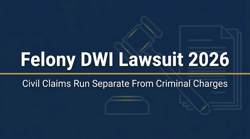 Felony DWI lawsuit 2026 banner showing civil claims separate from criminal charges.