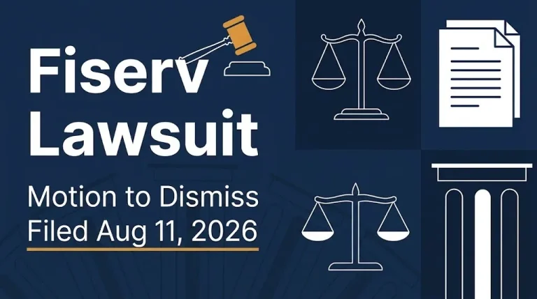 Fiserv lawsuit banner noting the motion to dismiss filed August 11, 2026