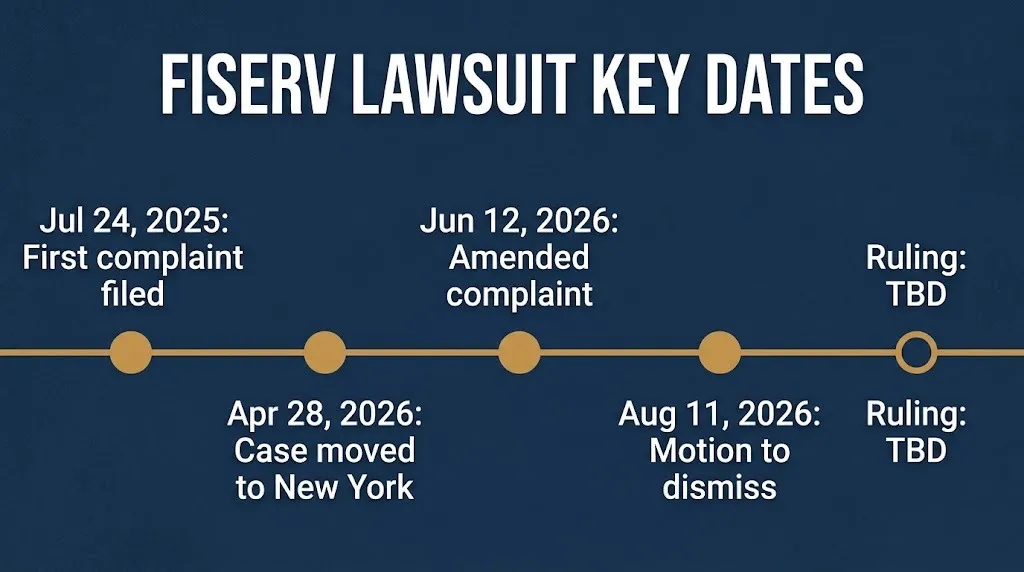 Fiserv lawsuit timeline from the July 2025 complaint to the August 2026 motion to dismiss, ruling date TBD