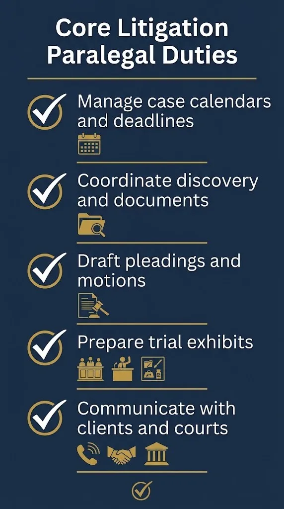 Five core litigation paralegal duties including case calendars, discovery, drafting, and trial prep