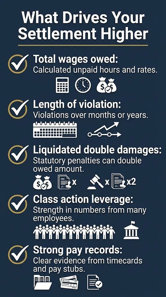 Five factors that increase unpaid wage settlements, including double damages and class action leverage