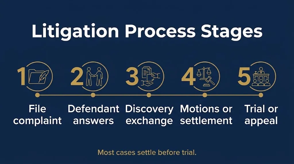 Five stages of the litigation process from complaint filing through discovery to trial or appeal.