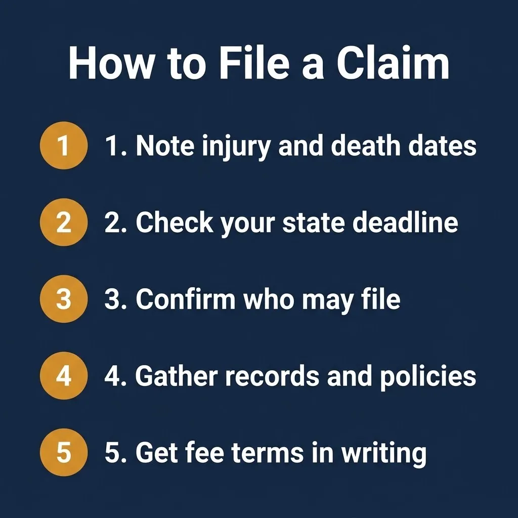 Five-step checklist for filing a wrongful death lawsuit claim, from noting dates to getting fee terms in writing.
