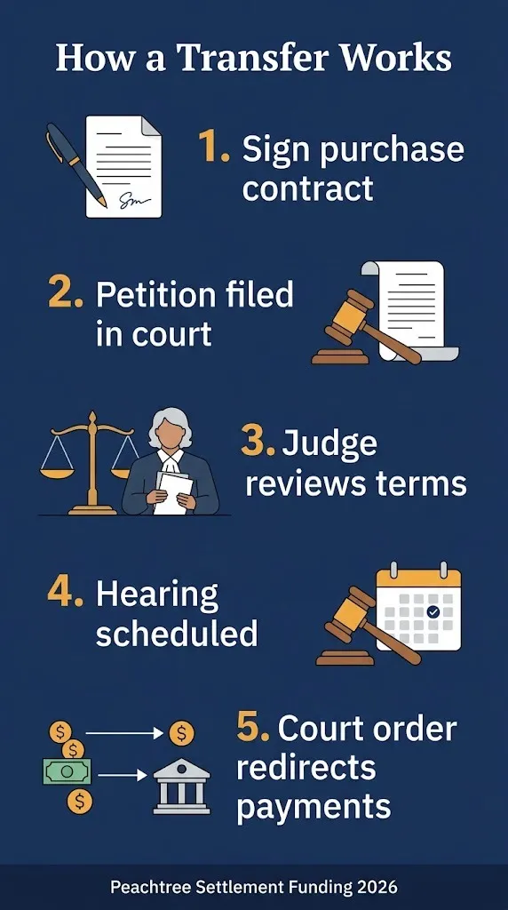 Five-step graphic showing how a Peachtree Settlement Funding structured settlement transfer works.