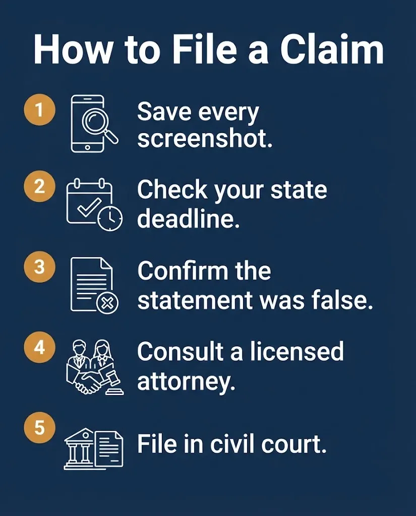 Five step graphic showing how to file a false accusations lawsuit claim, from saving evidence to filing in civil court.