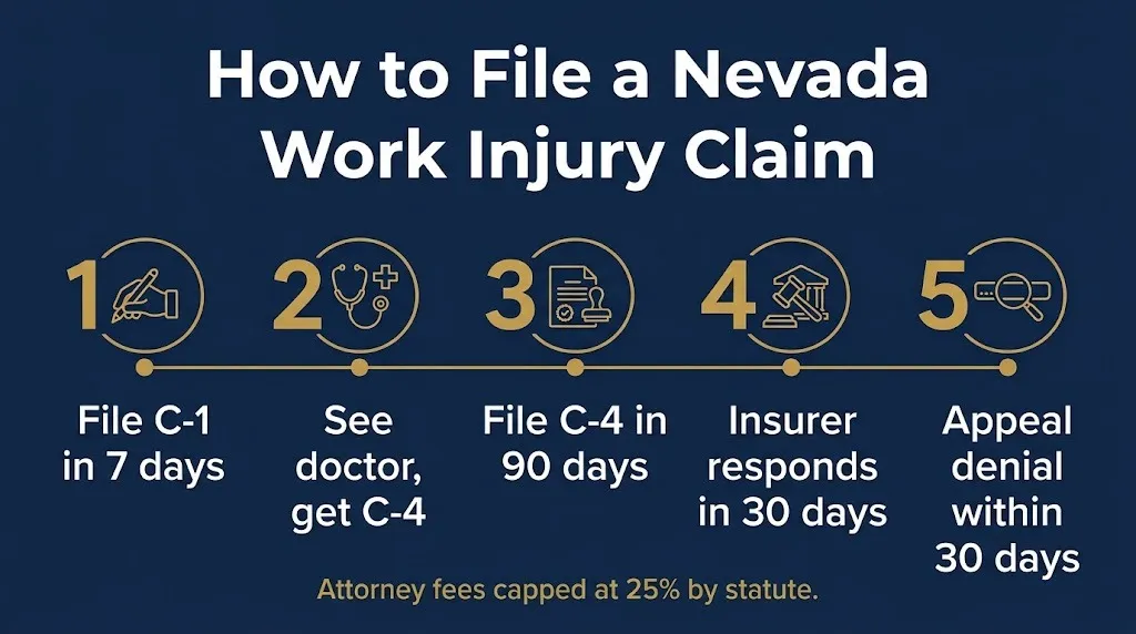 Five steps to file a Las Vegas workers compensation claim with Nevada deadlines and fee cap.