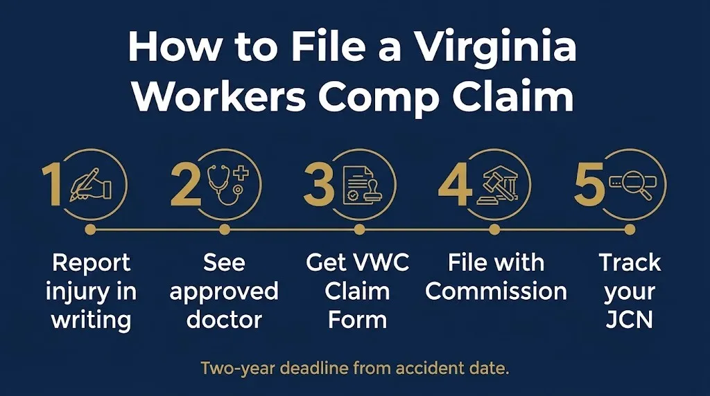 Five steps to file a Virginia workers compensation claim with the two-year deadline noted.