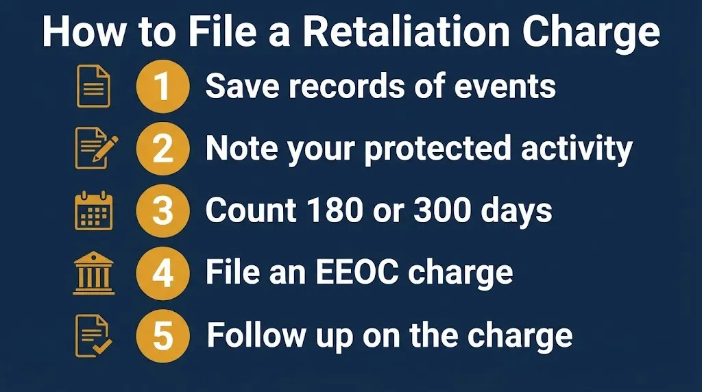 Five steps to file a retaliation lawsuit charge save records, note activity, count 180 or 300 days, file EEOC charge.