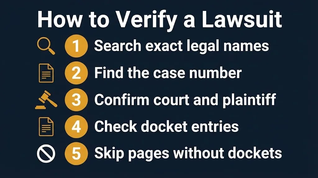 Five steps to verify a GoonzQuad lawsuit claim search names, find case number, confirm court, check docket.