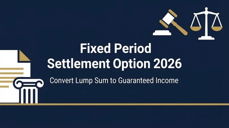 Fixed period settlement option 2026 hero banner showing lump sum conversion to guaranteed income.