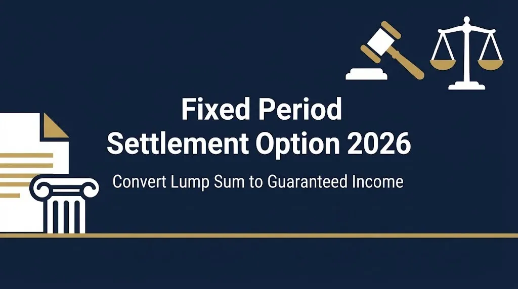 Fixed period settlement option 2026 hero banner showing lump sum conversion to guaranteed income.