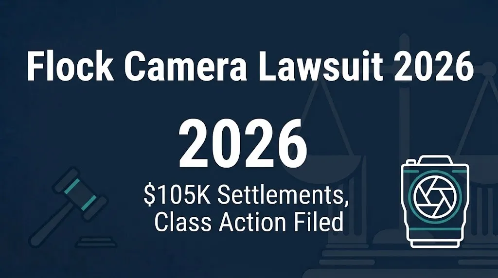 Flock camera lawsuit 2026 banner showing $105K settlements and class action filed against Flock Safety.