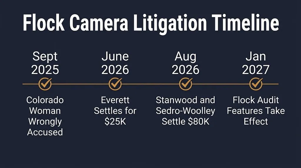 Flock camera lawsuit timeline graphic showing 2025 through 2027 key dates and settlements.
