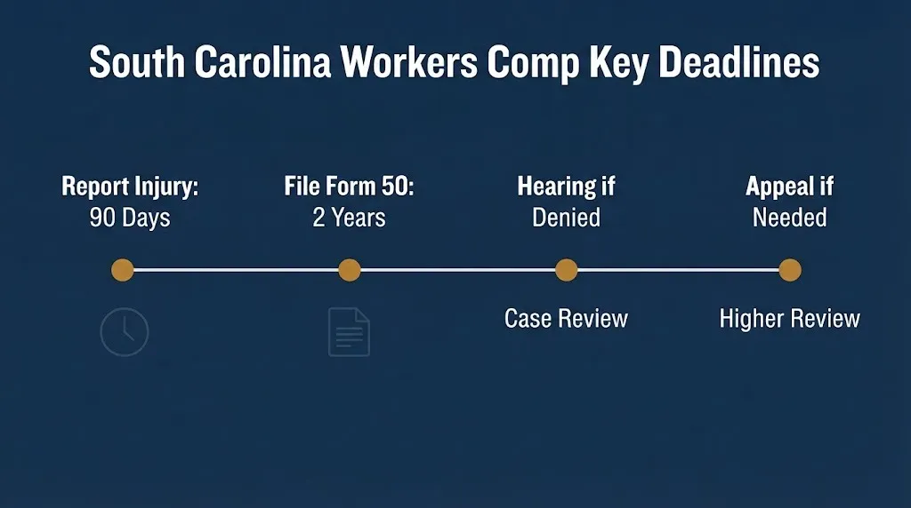 Florida workers comp timeline showing 30-day reporting and 2-year filing deadlines.