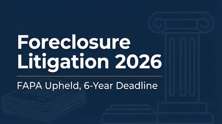 Foreclosure litigation 2026 banner showing FAPA upheld and the six-year statute of limitations.