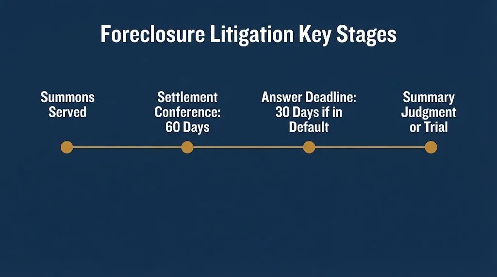 Foreclosure litigation timeline showing summons, settlement conference, answer deadline, and trial stages.