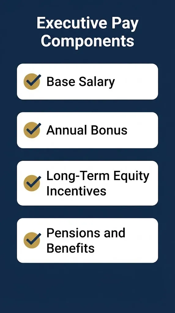 Four executive compensation components checklist showing salary bonus equity and benefits